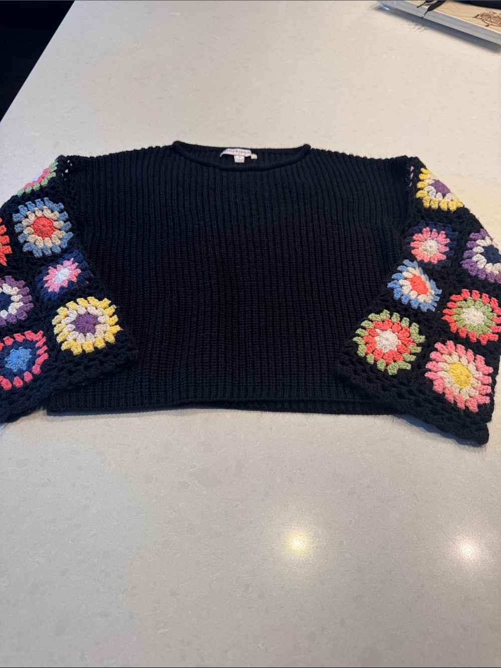 Girls' Black Cropped Knit Sweater Crochet-Square Sleeves see measurements
